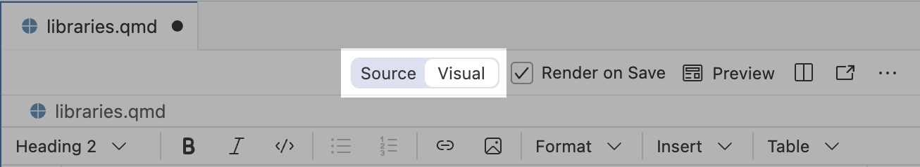 The toolbar in Positron with the Source and Visual buttons highlighted.