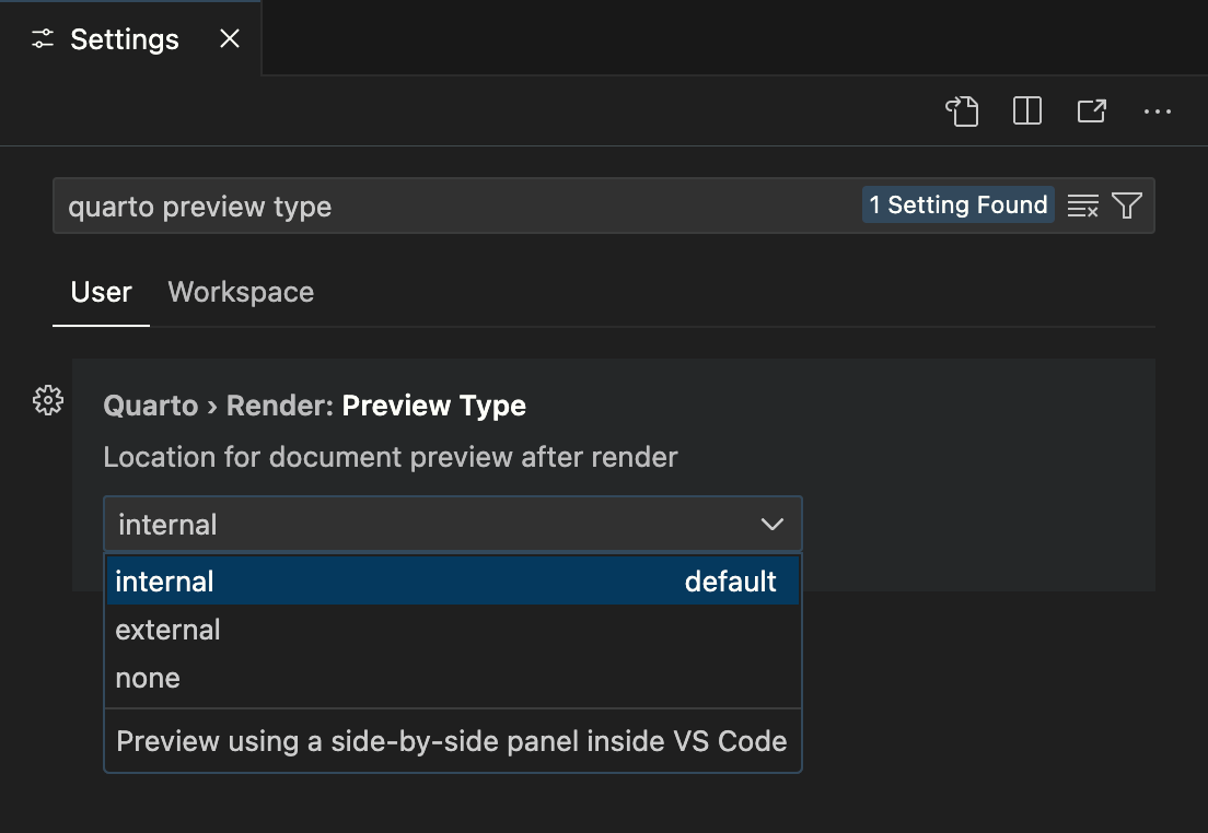 Positron settings interface with 'quarto preview type' entered into the search bar. User settings reveals Quarto > Render: Preview Type, with a dropdown to select location for document preview after render. The default, internal, is selected, which previews using a side-by-side panel in Positron. The other two options in the dropdown are external and none.